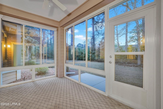 unfurnished sunroom featuring a wealth of natural light and ceiling fan