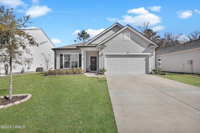 view of front facade featuring central AC, a garage, and a front yard