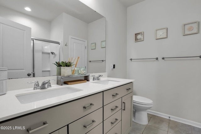 bathroom featuring tile patterned floors, toilet, an enclosed shower, and vanity