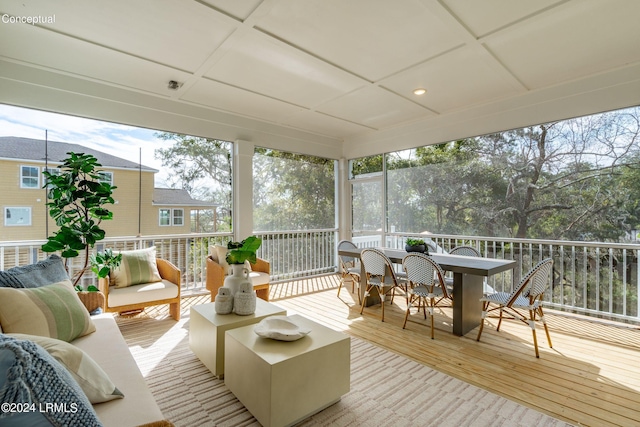 sunroom with coffered ceiling