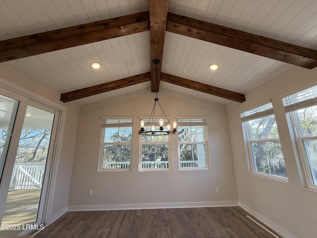 unfurnished dining area featuring vaulted ceiling with beams, a notable chandelier, and dark hardwood / wood-style flooring