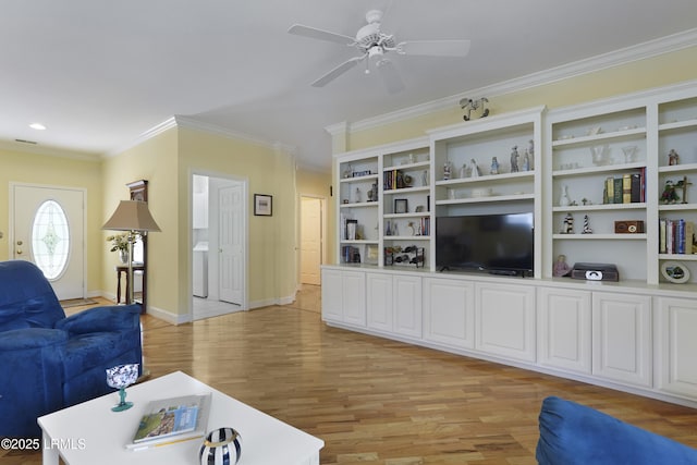 11 Argent Way, Bluffton, SC 29909 - living room with crown molding, light wood-style flooring, ceiling fan, and baseboards