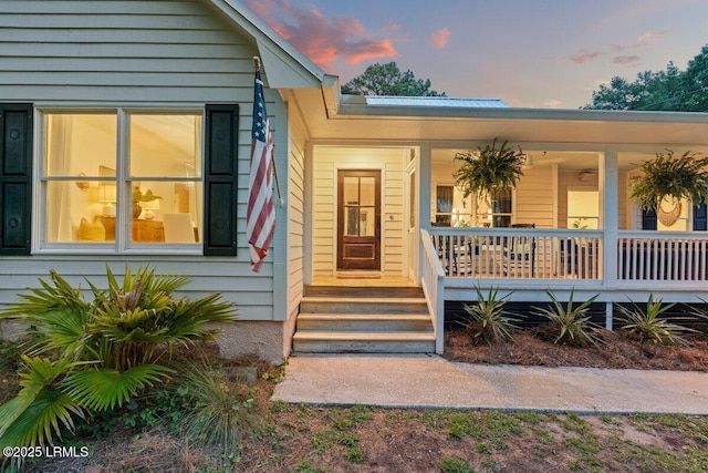 17 Audubon Rd, Ladys Island, SC 29907 - exterior entry at dusk with covered porch and a metal roof