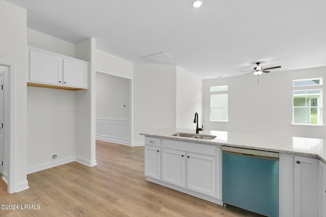 kitchen featuring white cabinetry, sink, light stone counters, and stainless steel dishwasher