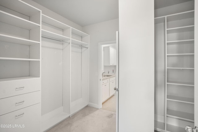 spacious closet with sink and light colored carpet