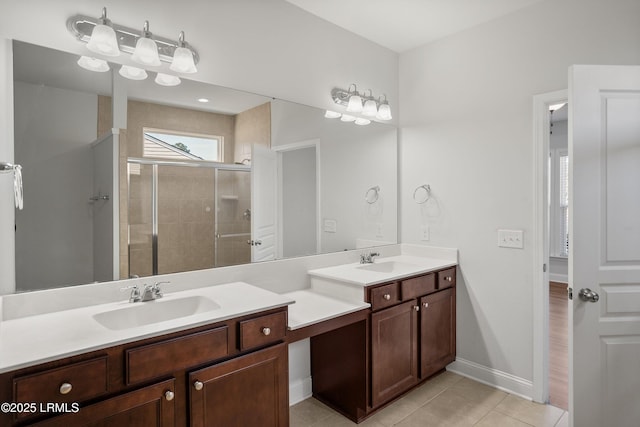 bathroom with vanity, tile patterned floors, and walk in shower