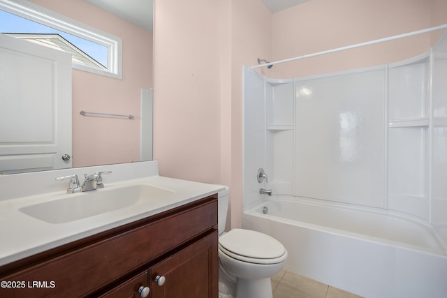 full bathroom with shower / bath combination, vanity, tile patterned floors, and toilet