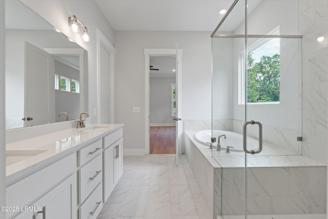 41 Fairfield Rd, Beaufort, SC 29907 - bathroom with a sink, double vanity, a marble finish shower, marble finish floor, and a garden tub