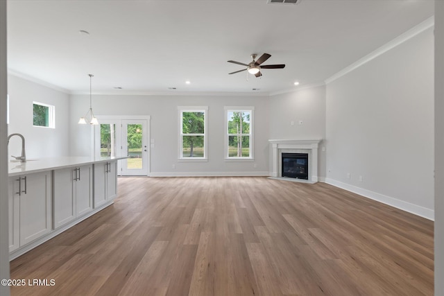 41 Fairfield Rd, Beaufort, SC 29907 - unfurnished living room with ceiling fan, ornamental molding, baseboards, and light wood-style floors