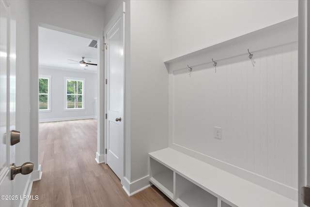 41 Fairfield Rd, Beaufort, SC 29907 - mudroom with baseboards, ceiling fan, and wood finished floors