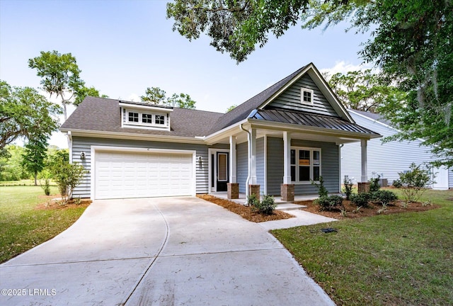 41 Fairfield Rd, Beaufort, SC 29907 - view of front of property featuring covered porch, a front yard, a shingled roof, concrete driveway, and an attached garage
