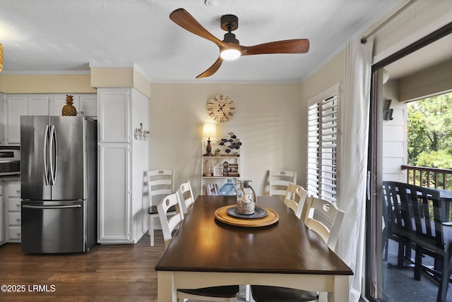 40 Folly Field Rd Unit 340, Hilton Head Island, SC 29928 - dining space with a ceiling fan, a textured ceiling, dark wood finished floors, and ornamental molding