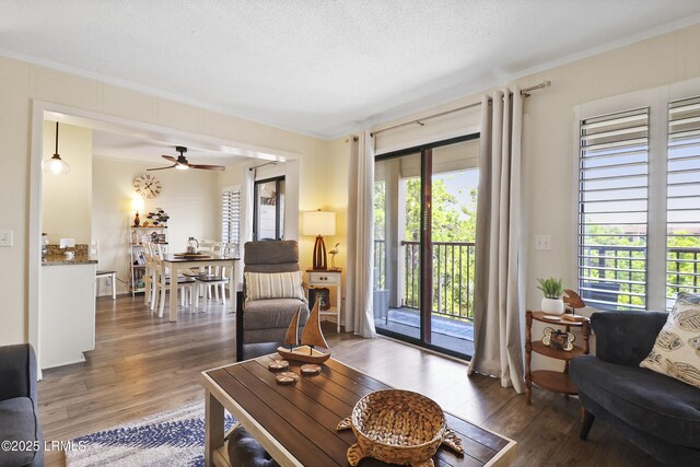40 Folly Field Rd Unit 340, Hilton Head Island, SC 29928 - living area featuring ornamental molding, wood finished floors, a ceiling fan, and a textured ceiling