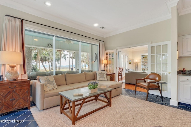 living area featuring ornamental molding, recessed lighting, and visible vents