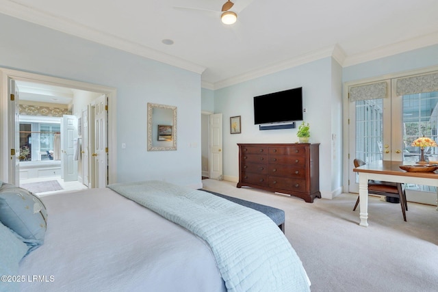 bedroom with access to exterior, french doors, crown molding, and light colored carpet