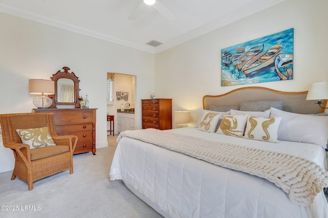 bedroom with light carpet, visible vents, connected bathroom, ceiling fan, and crown molding