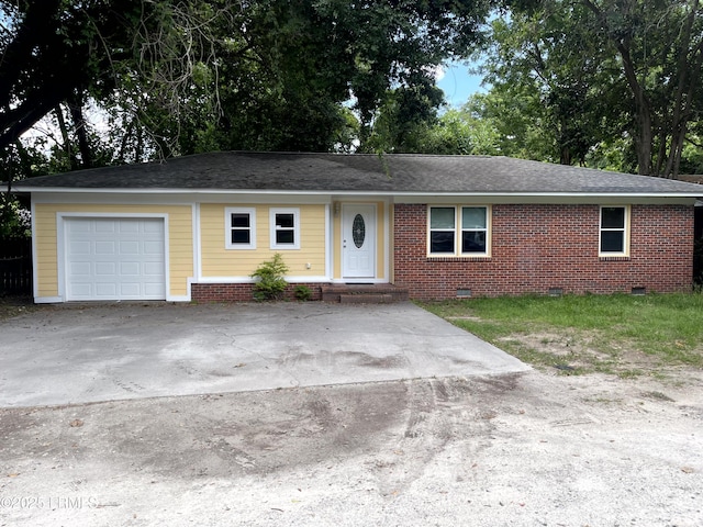1806 6th St, Beaufort, SC 29902 - single story home featuring crawl space, a garage, brick siding, concrete driveway, and a shingled roof