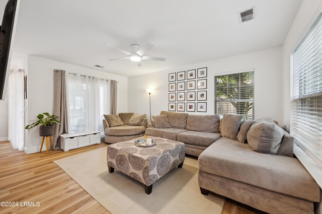 living room featuring ceiling fan and light hardwood / wood-style flooring