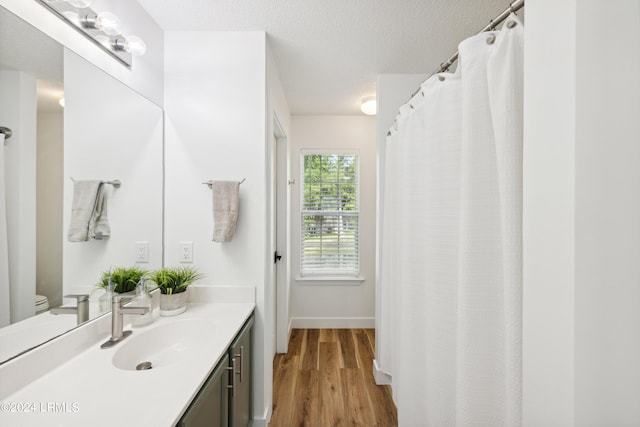 bathroom featuring vanity, wood-type flooring, and a textured ceiling