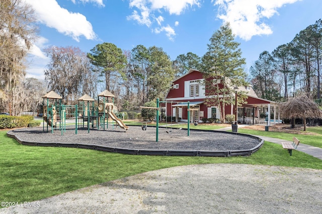 view of jungle gym featuring a yard