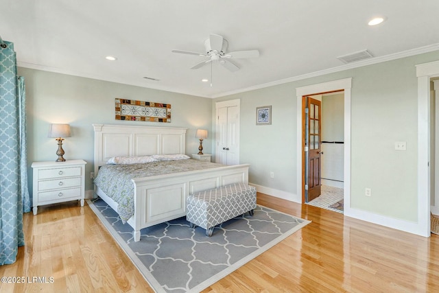 bedroom with visible vents, baseboards, light wood-style flooring, ornamental molding, and recessed lighting