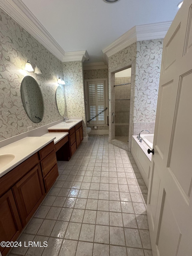 full bathroom featuring plus walk in shower, tile patterned flooring, vanity, ornamental molding, and toilet