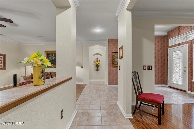 10 Screven Ct, Bluffton, SC 29909 - entryway featuring ceiling fan, arched walkways, ornamental molding, and baseboards