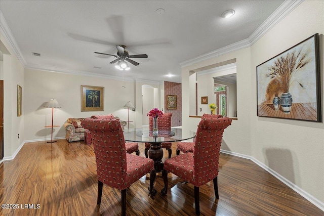 10 Screven Ct, Bluffton, SC 29909 - dining space featuring crown molding, baseboards, wood finished floors, and a ceiling fan