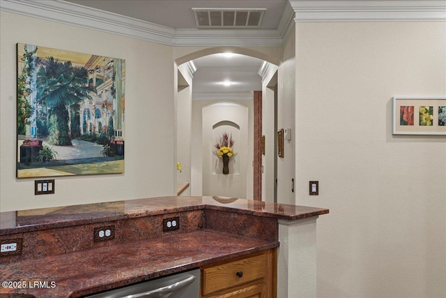 10 Screven Ct, Bluffton, SC 29909 - bar with arched walkways, ornamental molding, and stainless steel dishwasher