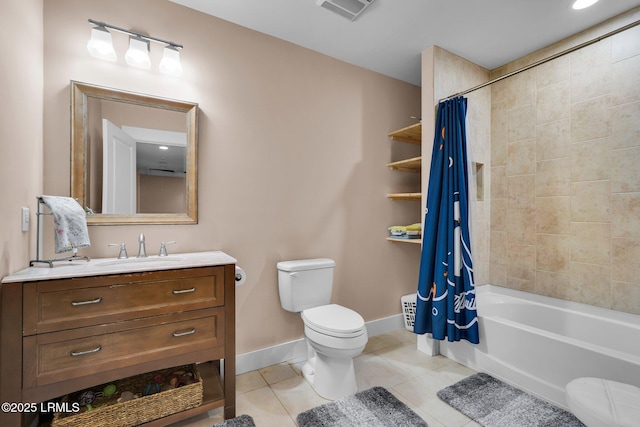 full bathroom featuring tile patterned flooring, shower / bath combo, vanity, and toilet