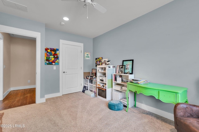 game room featuring ceiling fan and carpet flooring