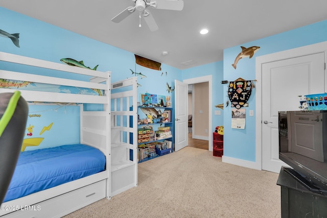 bedroom featuring carpet and ceiling fan