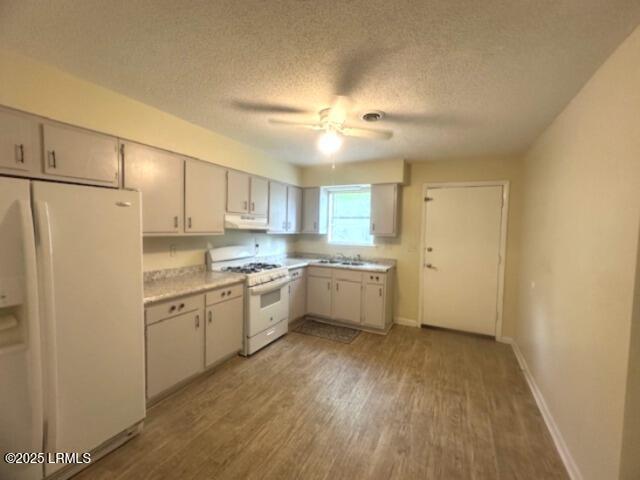 1006 Duke St, Beaufort, SC 29902 - kitchen featuring a sink, white appliances, light countertops, light wood-type flooring, and under cabinet range hood