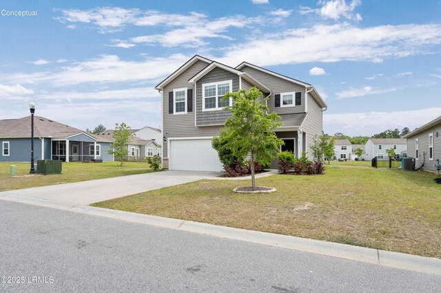 23 Toxaway Ln, Beaufort, SC 29906 - view of front facade featuring a residential view, a front lawn, central AC unit, concrete driveway, and a garage