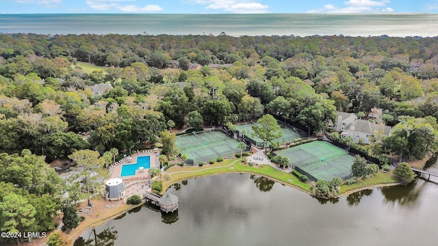 drone / aerial view with a water view