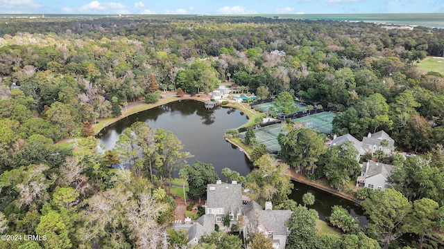 birds eye view of property featuring a water view