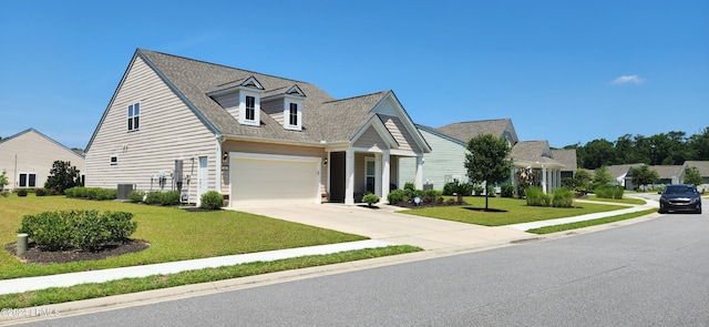 cape cod-style house with a garage, cooling unit, and a front lawn