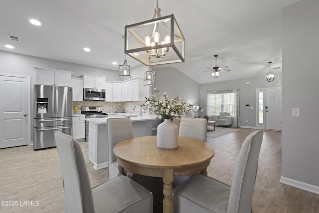 64 Grovewood Dr, Bluffton, SC 29910 - dining space with a ceiling fan, light wood-style floors, baseboards, a chandelier, and recessed lighting