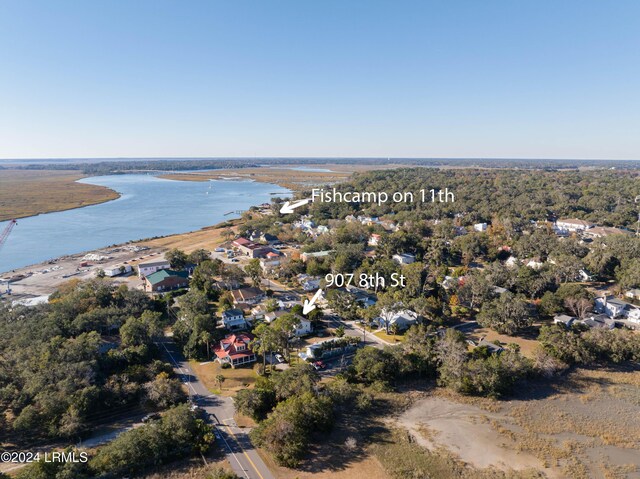 aerial view featuring a water view