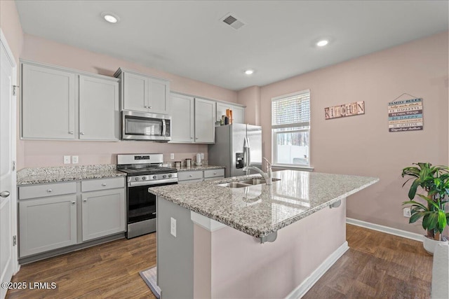 kitchen featuring visible vents, dark wood finished floors, an island with sink, a sink, and appliances with stainless steel finishes