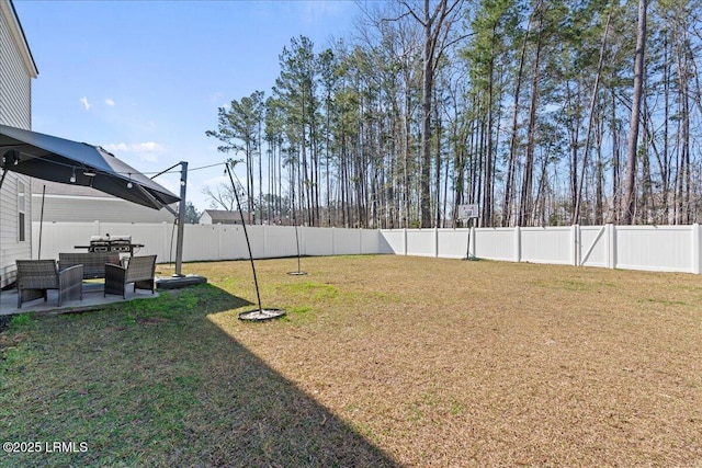 view of yard featuring a patio area and a fenced backyard