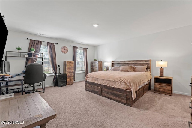 bedroom with carpet flooring, baseboards, and visible vents