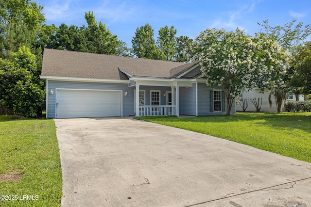 4 Applemint Ln, Beaufort, SC 29906 - ranch-style house featuring a porch, an attached garage, driveway, a front lawn, and a shingled roof