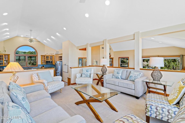 living room featuring lofted ceiling and light colored carpet