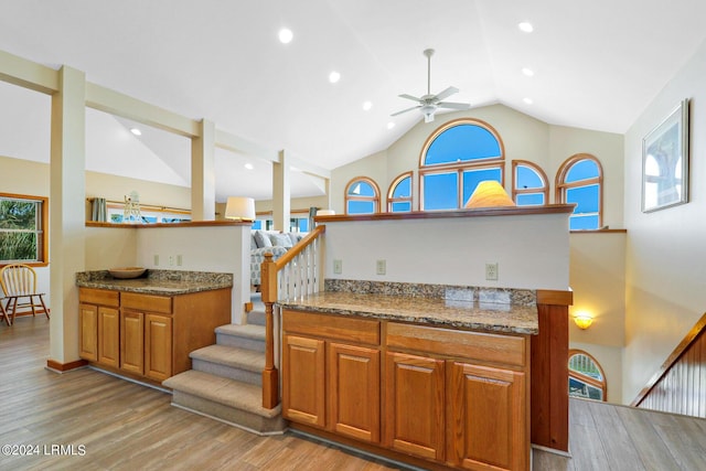 kitchen with light stone counters, ceiling fan, lofted ceiling, and light hardwood / wood-style flooring