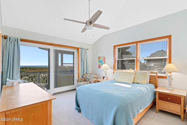 carpeted bedroom with lofted ceiling and ceiling fan