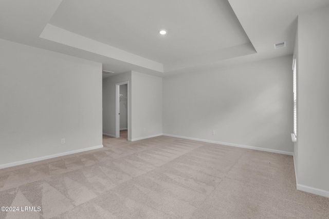 unfurnished room with light carpet and a raised ceiling