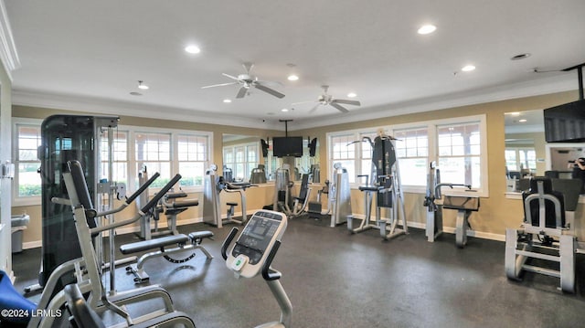 exercise room featuring ornamental molding and a wealth of natural light