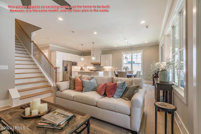 living room featuring sink, crown molding, and light hardwood / wood-style floors