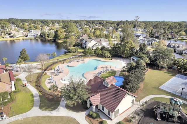 birds eye view of property featuring a water view